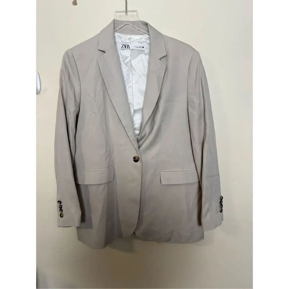 Zara Beige Flowy Lyocell Oversized Jacket Large One Button Flap Pockets